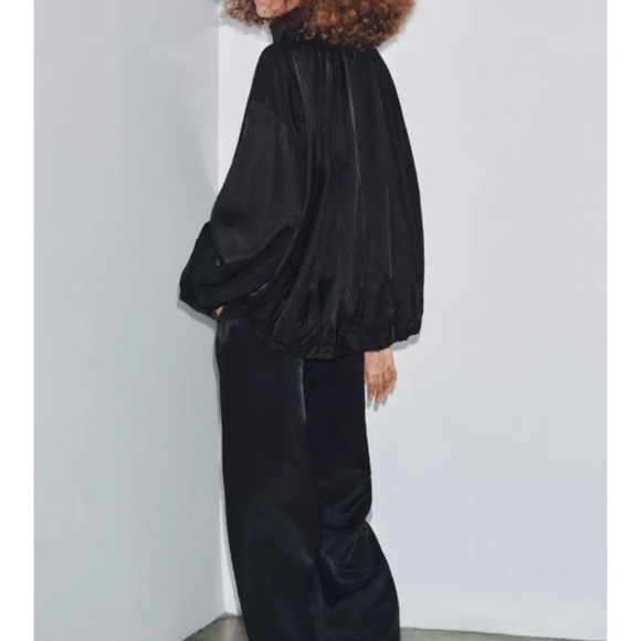 Zara Zw Collection Oversized Fluid High Neck Black Bomber Jacket Sz-S - Picture 5 of 9